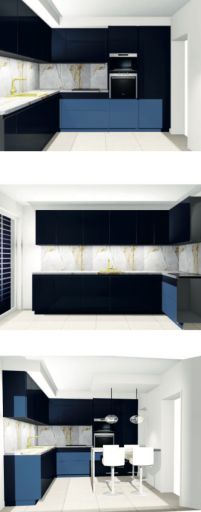 Vues 3D d'une cuisine intégrée moderne, conception réalisée par l'agence d'architecture d'intérieur Maison Giorgetti