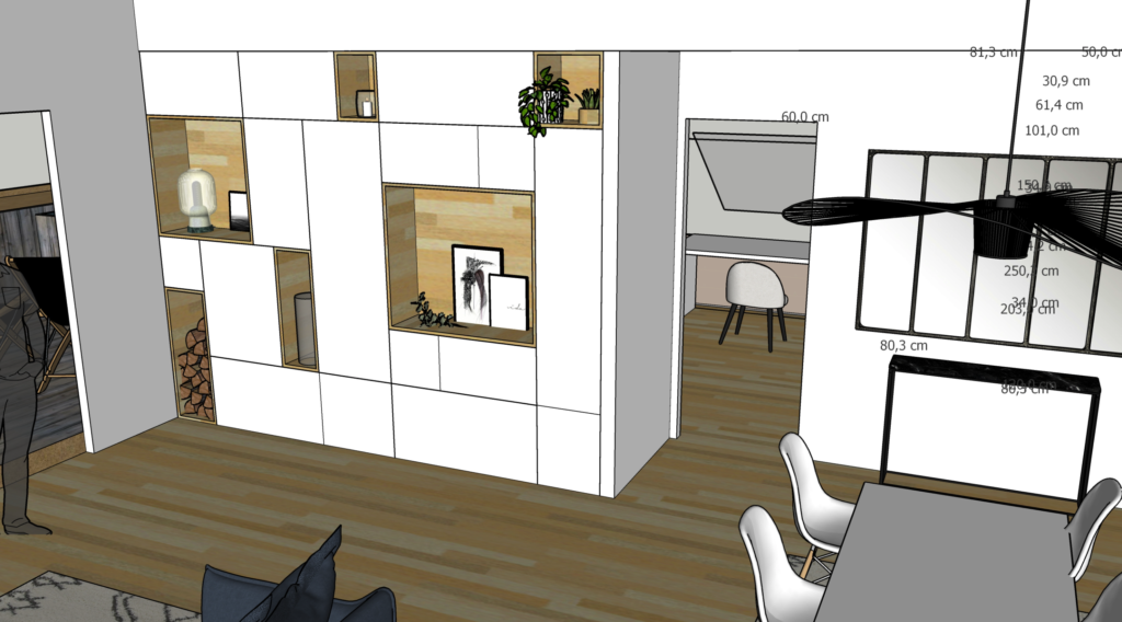 Conception d'une vue 3D du séjour intégrant le meuble sur mesure