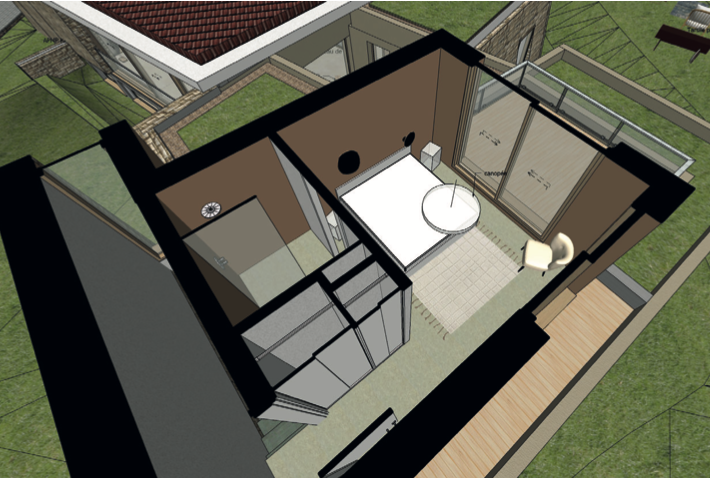Vue 3D du projet d'agencement d’une suite parentale avec salle d’eau