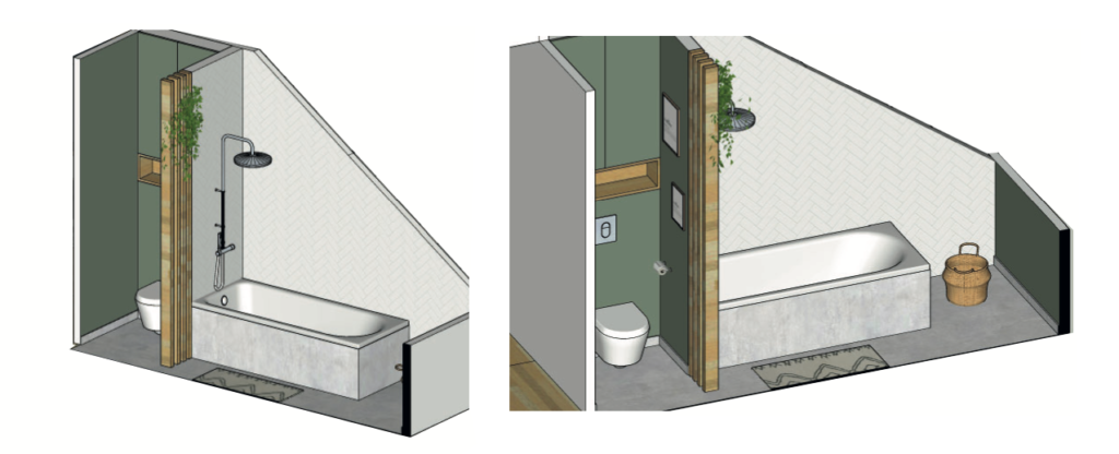 Plan de coupes en 3D pour présenter l'agencement de 2 espaces distincts : toilettes séparées par une cloison avec l'espace bain 