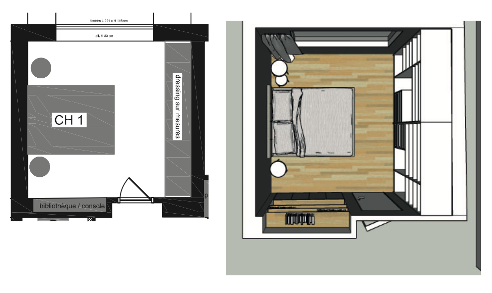 Plan de réagencement d'une chambre dans le cadre d'un projet de rénovation d'une maison de famille datant des années 60