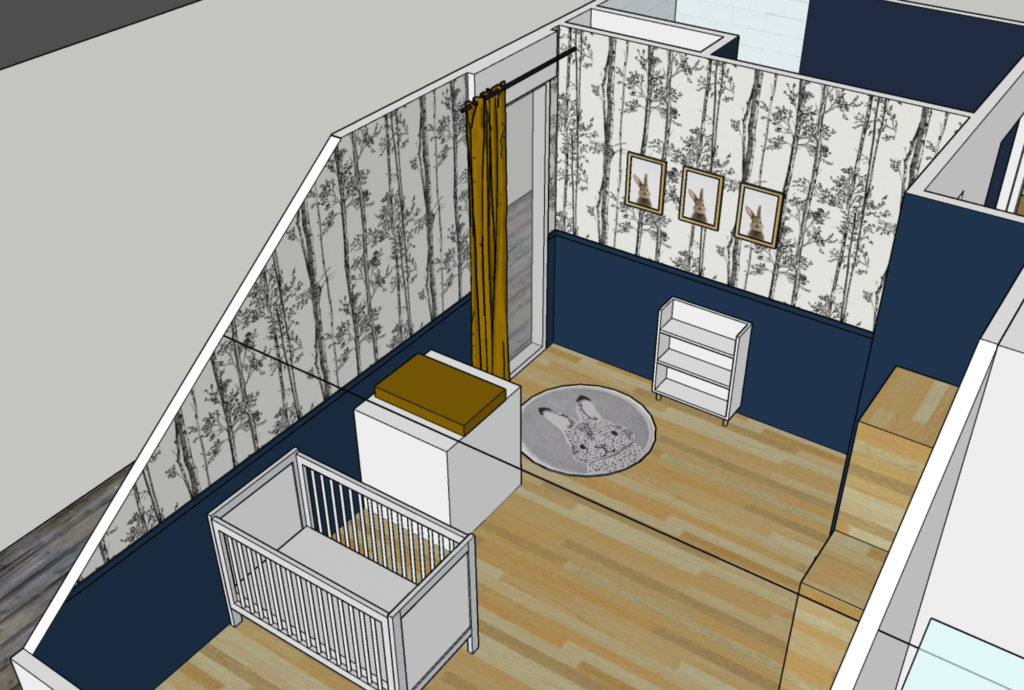 Vue 3D de l'aménagement de la chambre d'enfant  : agencement du mobilier, décoration murale, choix des coloris